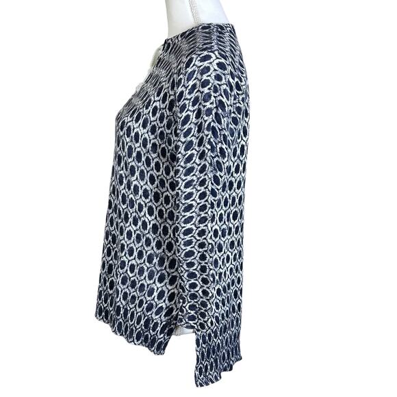 Loft Top Women Medium Tie Neck Cotton Knit Blouse Side Slits Blue White Tunic - Picture 2 of 11